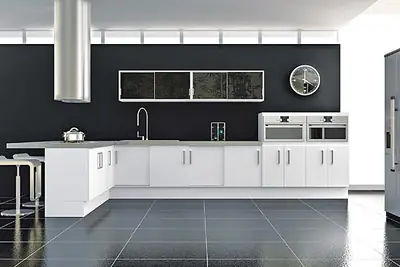 Cozinha planejada: cozinha com ilha e armários brancos (projeto 3D)