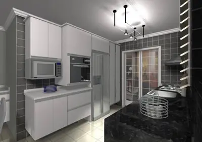 Cozinha planejada: cozinha com torre quente e armários aéreos (projeto 3D)