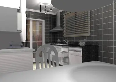 Cozinha planejada: cozinha com bancada e coifa (projeto 3D)