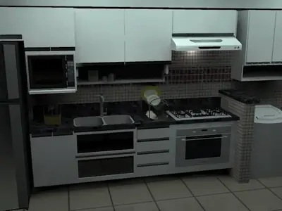 Cozinha planejada: cozinha linear com armários aéreos (projeto 3D)