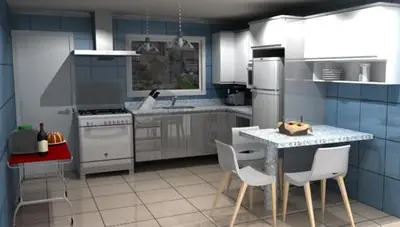 Cozinha planejada: cozinha com bancada de refeições (projeto 3D)