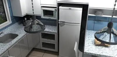 Cozinha planejada: cozinha com armários cinza e bancada em granito (projeto 3D)