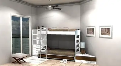 Dormitório planejado: dormitório infantil com beliche e escada-gaveteiro (projeto 3D)