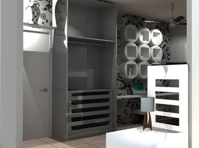 Dormitório planejado: dormitório com guarda-roupa e bancada (projeto 3D)
