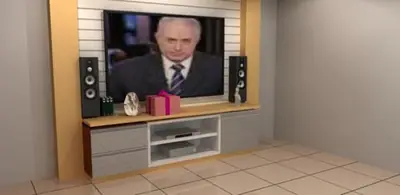 Home theater planejado: painel ripado com rack suspenso (projeto 3D)