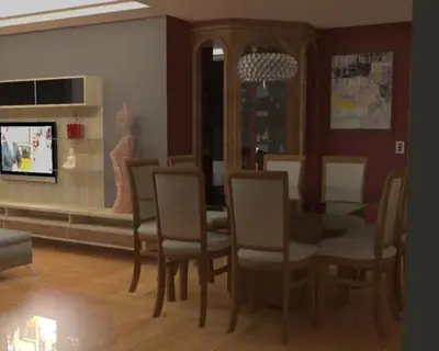 Sala planejada: sala de jantar com cristaleira e painel de TV (projeto 3D)