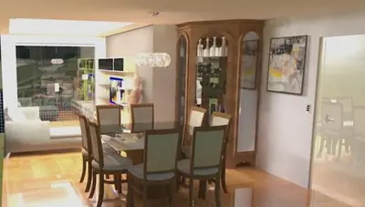 Sala planejada: sala de jantar integrada à sala de estar (projeto 3D)