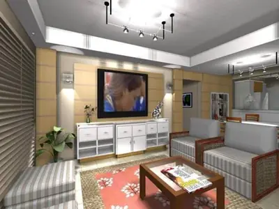 Sala planejada: sala de estar com painel e rack (projeto 3D)