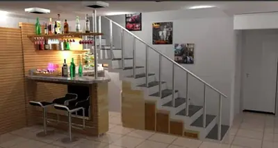 Sala planejada: bar sob a escada com prateleiras (projeto 3D)
